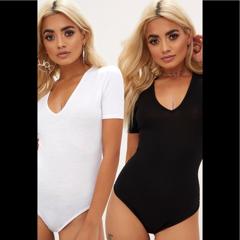White V-Neck Rolled Cuff Bodysuit Size M - Picture 3 of 8